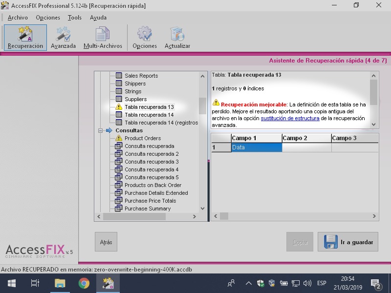 Tabla recuperada con definición perdida en AccessFIX