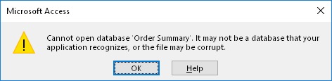 Error de Microsoft Access: Cannot open database. It may not be a database that your application recognizes, or the file may be corrupt.