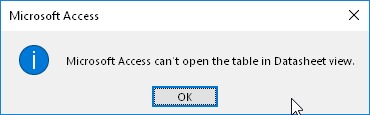 Error de Microsoft Access: Microsoft Access can't open the table in Datasheet view.