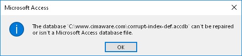Error de Microsoft Access: The database '...' can’t be repaired or isn't a Microsoft Access database file.