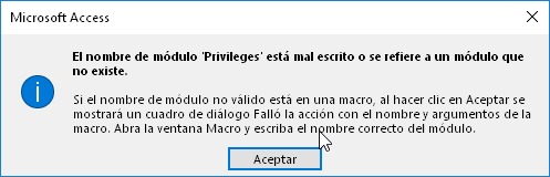 Error de Microsoft Access: El nombre de módulo 'xxx' está mal escrito o se refiere a un módulo que no existe
