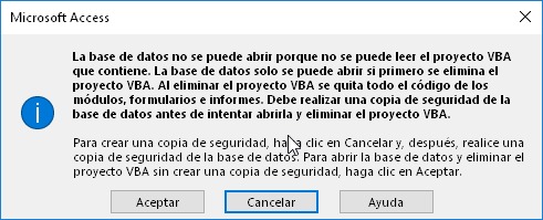Error de Microsoft Access: La base de datos no se puede abrir porque no se puede leer el proyecto VBA que contiene