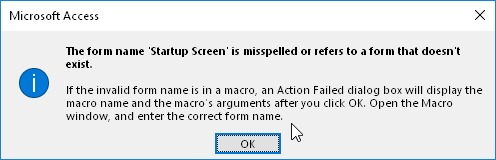 Error de Microsoft Access: The form name '...' is misspelled or referes to a form that doesn't exist.