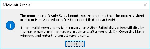 Error de Microsoft Access: The report name '...' you entered in either the property sheet or macro is misspelled or refers to a report that doesn’t exist.