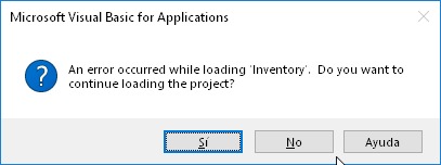 Error de Microsoft Access: An error occurred while loading '...'. Do you want to continue loading the project?.