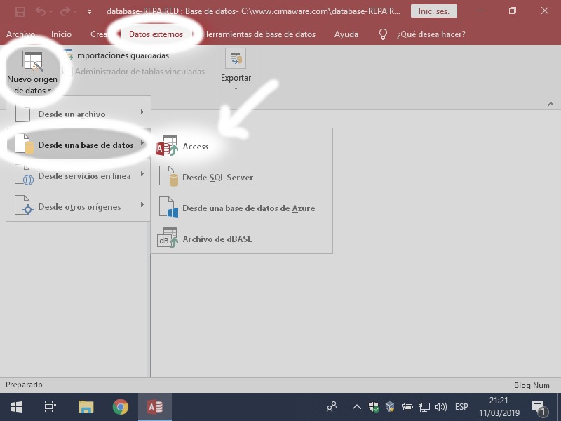 Menú de Microsoft Access: Datos externos - Nuevo origen de datos - Desde una base de datos - Access