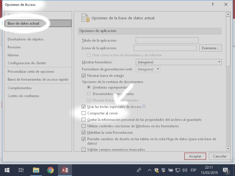 Opción de Microsoft Access: Opciones de Access - Base de datos actual - Compactar al cerrar